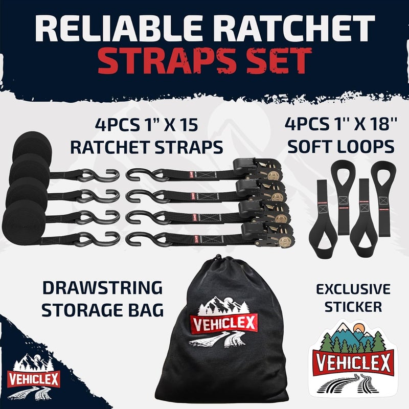 Vehiclex Ratchet Tie Down Straps (1,800 lbs Break Strength) - 15 Ft Versatile Straps for Powersports, Garage, and Outdoor Use - Soft Loops, Deep S-Hooks & Comfort Grip Handle (4 Pack, Black) - Image 4